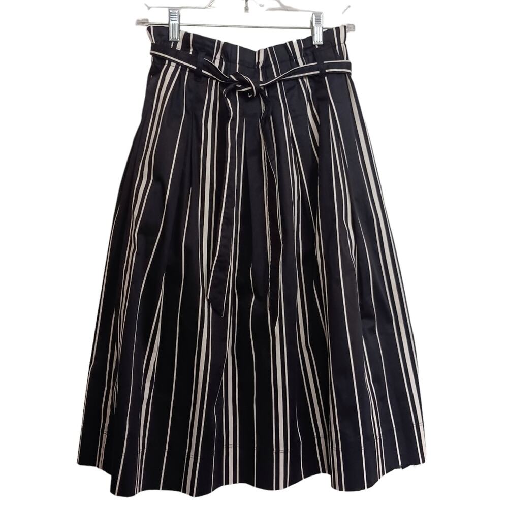 H&M cotton paper bag waist skirt with tie belt sz 4 black white pockets